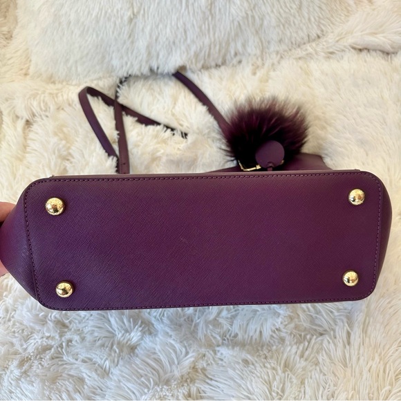 Michael Kors Charlotte Dark Purple Travel Large Zip Top Tote Bag with Pom Pom - Picture 4 of 15
